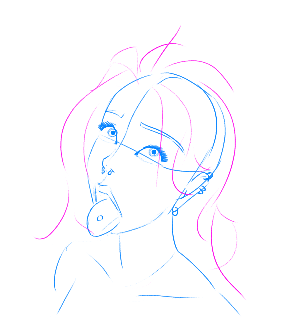 A digital sketch of a woman's face in profile, rendered in blue and pink lines with expressive eyes, a nose ring, and flowing hair, conveying a playful and artistic mood.