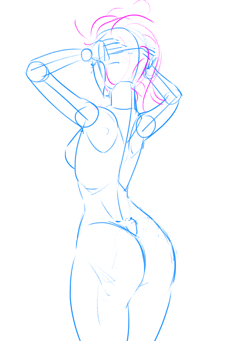 A blue-line sketch of a female anime character with pink hair, hands behind her head, in a relaxed pose, conveying a playful and carefree mood.