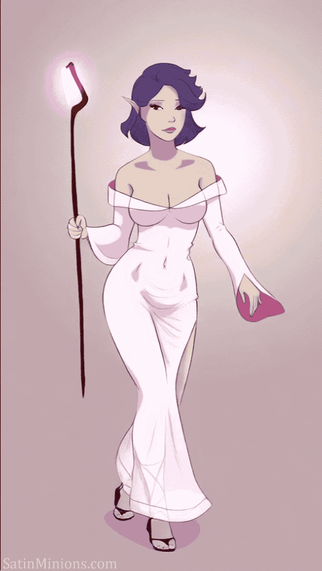 A digital illustration of an elf woman in a white off-shoulder gown holding a glowing staff, depicted in a soft, ethereal style with a gentle, serene mood.