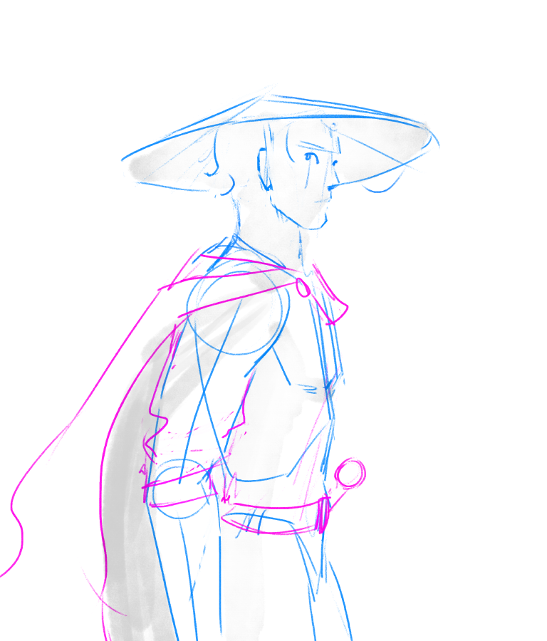 A blue and pink line art sketch of a warrior in profile, wearing a wide-brimmed hat and cloak, with dynamic lines suggesting movement and strength.