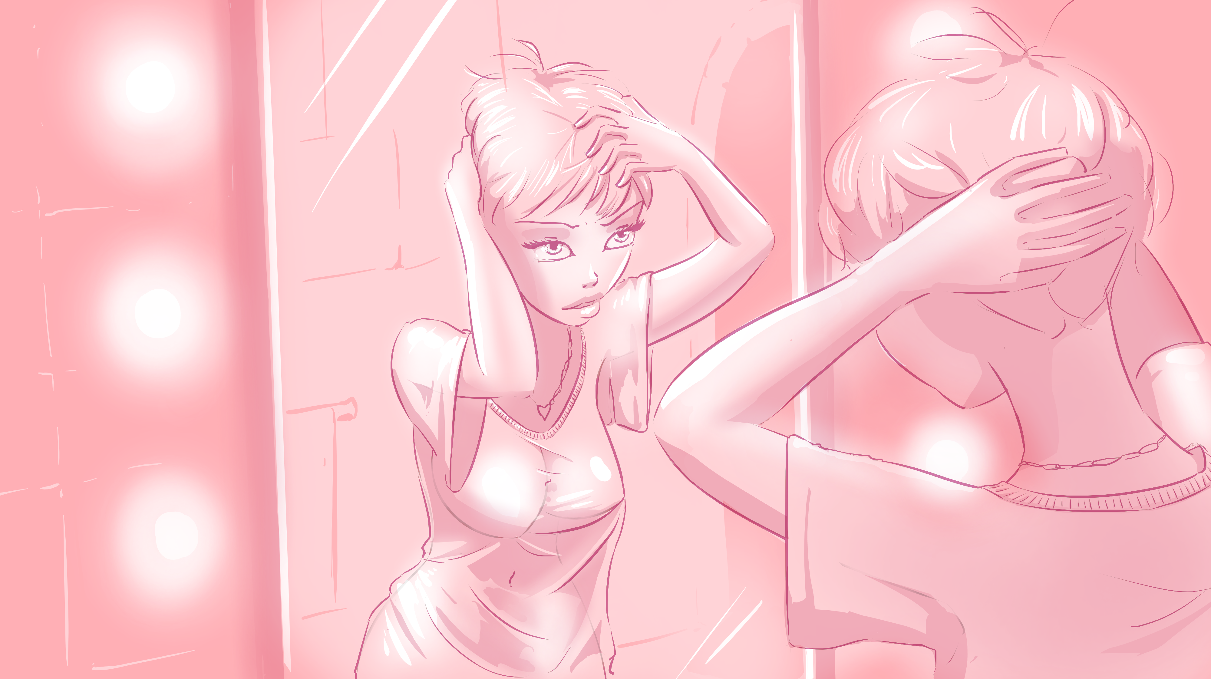 A pink-toned anime-style illustration of a woman adjusting her hair in front of a mirror, with soft lighting and a dreamy, introspective mood.