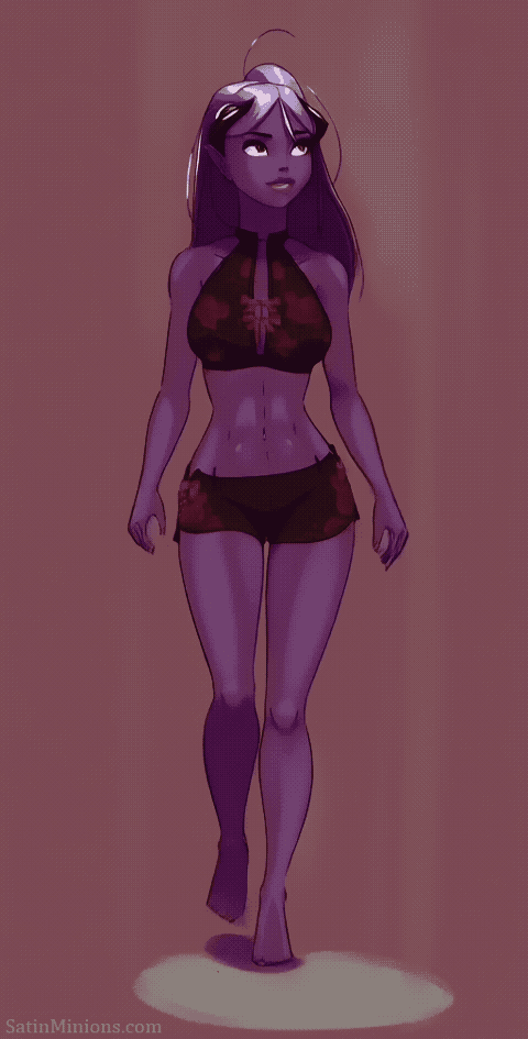 A stylized digital illustration of a female character with purple skin and long hair, wearing a dark bikini, walking confidently against a muted purple background with soft lighting.