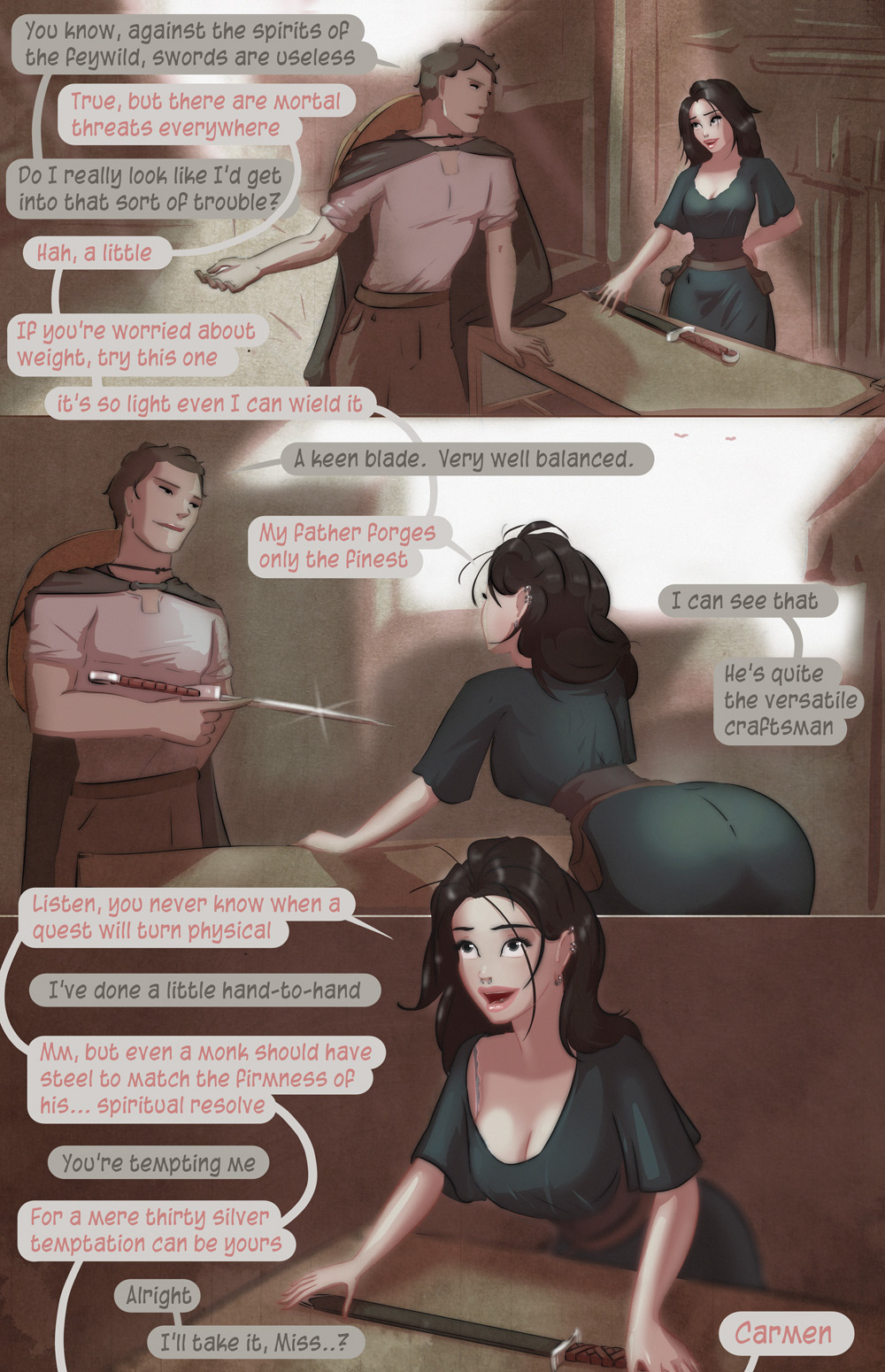 A three-panel comic illustration in a warm, earthy fantasy style depicts a man and woman discussing a sword in a dimly lit workshop, with playful dialogue and suggestive undertones.