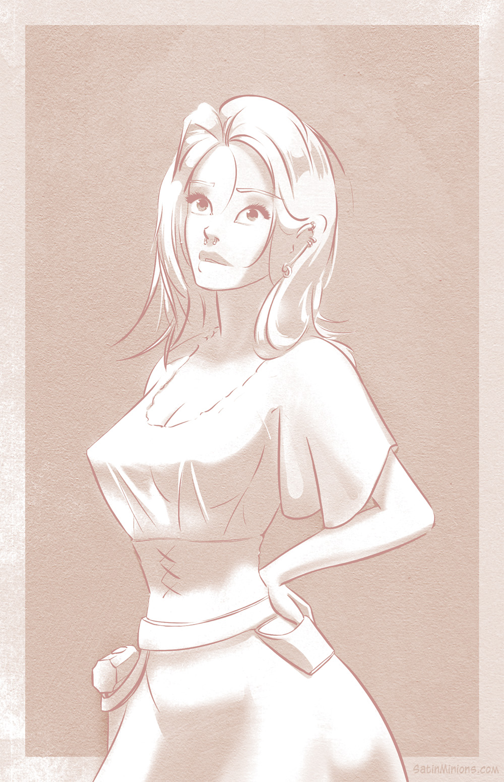 A stylized digital illustration of a confident woman with blonde hair, wearing a corseted dress, depicted in a soft sepia tone with expressive eyes and a poised stance.