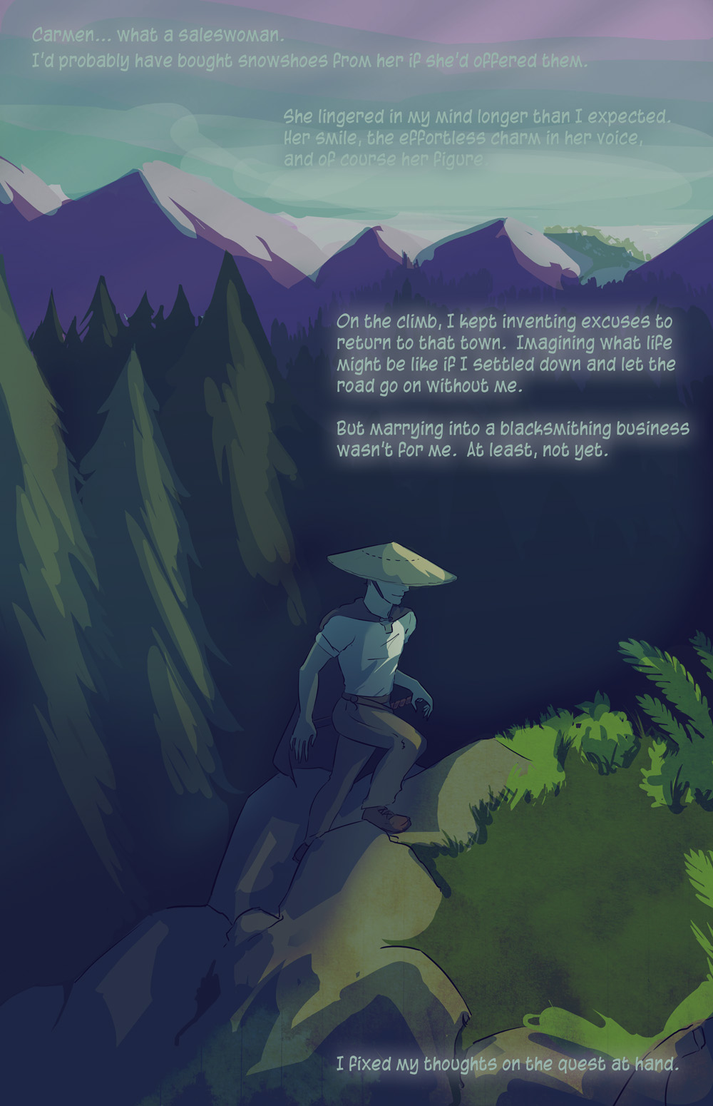 A contemplative figure in a conical hat stands on a mountain path at dusk, surrounded by pine trees and distant snow-capped peaks, with introspective text overlaying the scene in a moody, atmospheric digital illustration style.