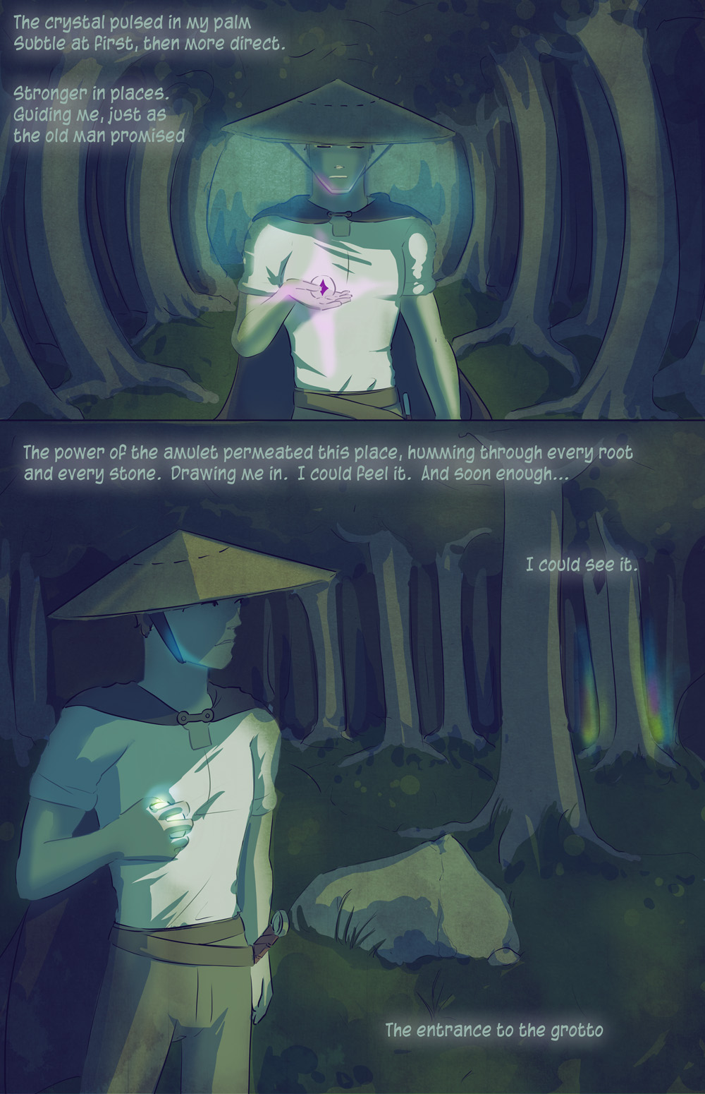 A dark fantasy comic panel depicts a hooded figure holding a glowing crystal in a mystical forest, with ethereal light and text describing a magical journey toward a grotto entrance.