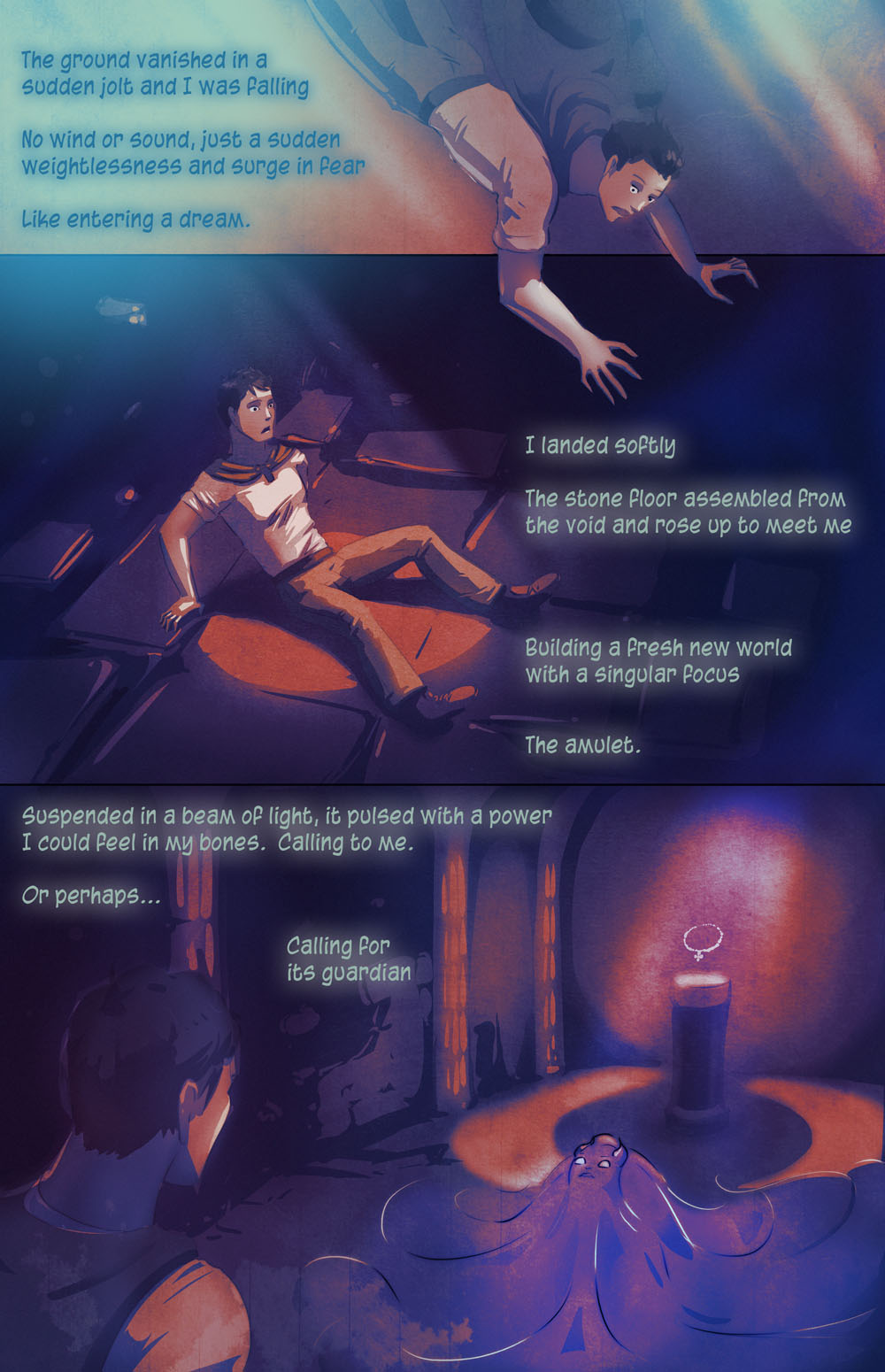 A dramatic comic panel sequence depicting a character falling into a dreamlike realm, landing softly on a stone floor, and encountering a glowing amulet and a mysterious guardian in a dark, atmospheric setting with warm lighting and surreal composition.