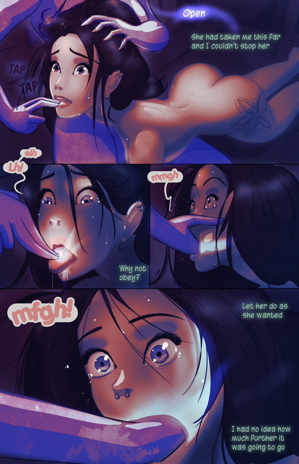 A dark, moody manga-style comic panel depicting a distressed woman with blue eyes and a nose piercing, experiencing a forced intimate act with a tentacle, conveying themes of helplessness and violation.
