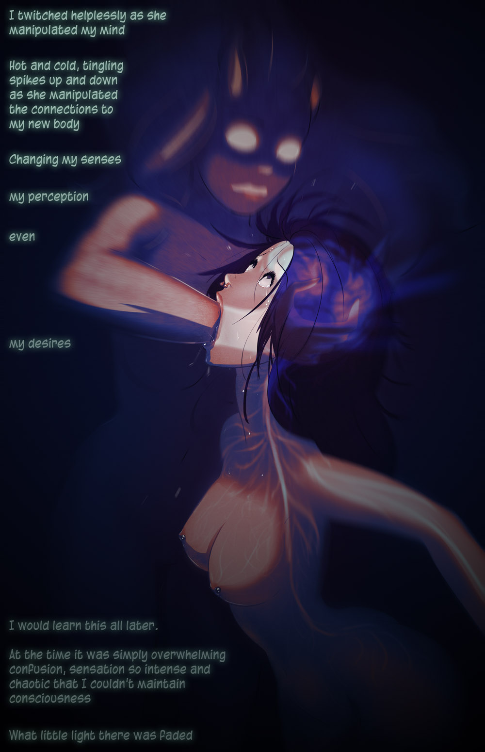 A dark, atmospheric digital illustration of a woman with glowing eyes and tendrils, conveying intense sensory overload and confusion in a moody, blue-lit scene with text overlays.