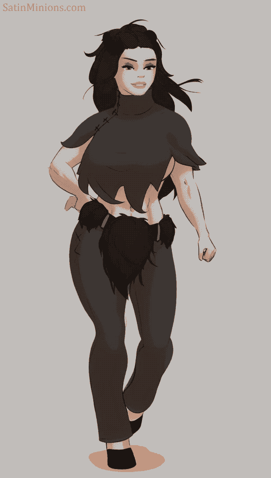 A stylized digital illustration of a confident woman with dark hair, wearing a black turtleneck and pants, walking with a bold, dynamic pose against a plain background.