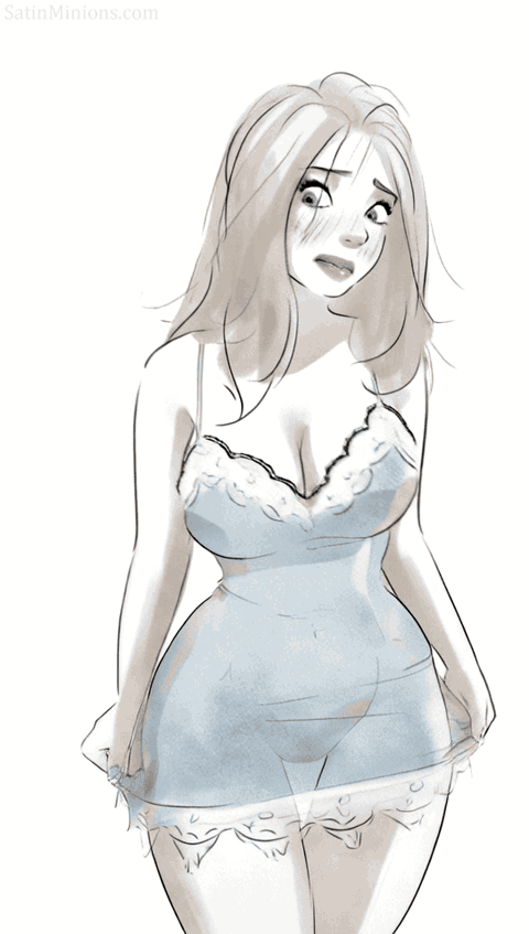 A sketch-style illustration of a woman in a light blue lace lingerie set, with a surprised expression, rendered in soft shading and line art against a plain white background.
