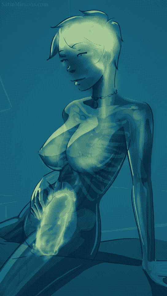 A stylized digital illustration of a female figure with glowing green skin and visible skeletal structure, rendered in a blue-toned, ethereal style with a serene expression and seated pose.