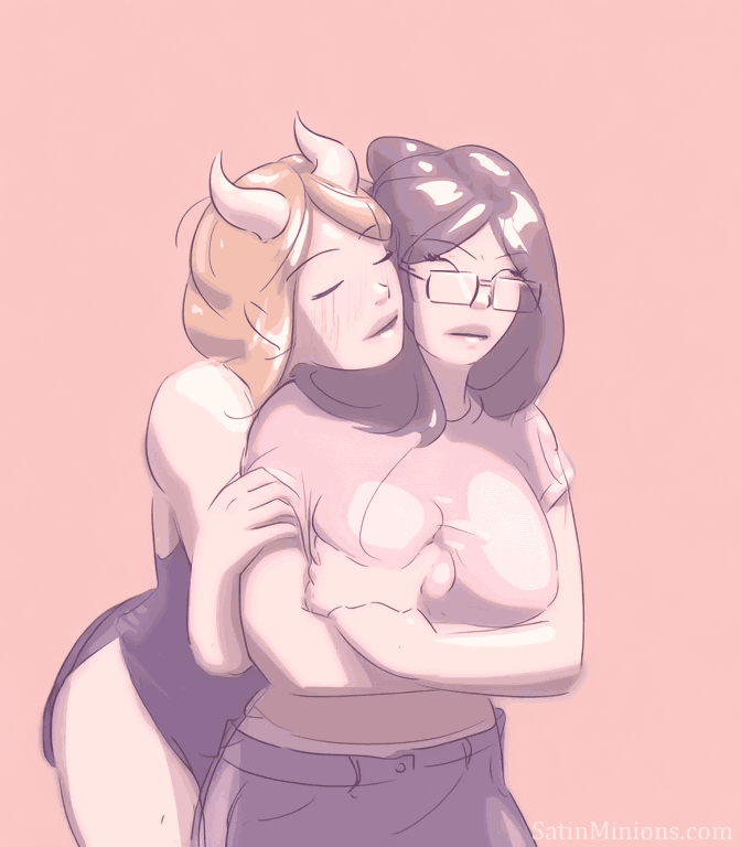 Two anime-style women embrace tenderly; one with blonde hair and horns, the other with dark hair and glasses, rendered in soft pastel hues with a gentle, intimate mood.