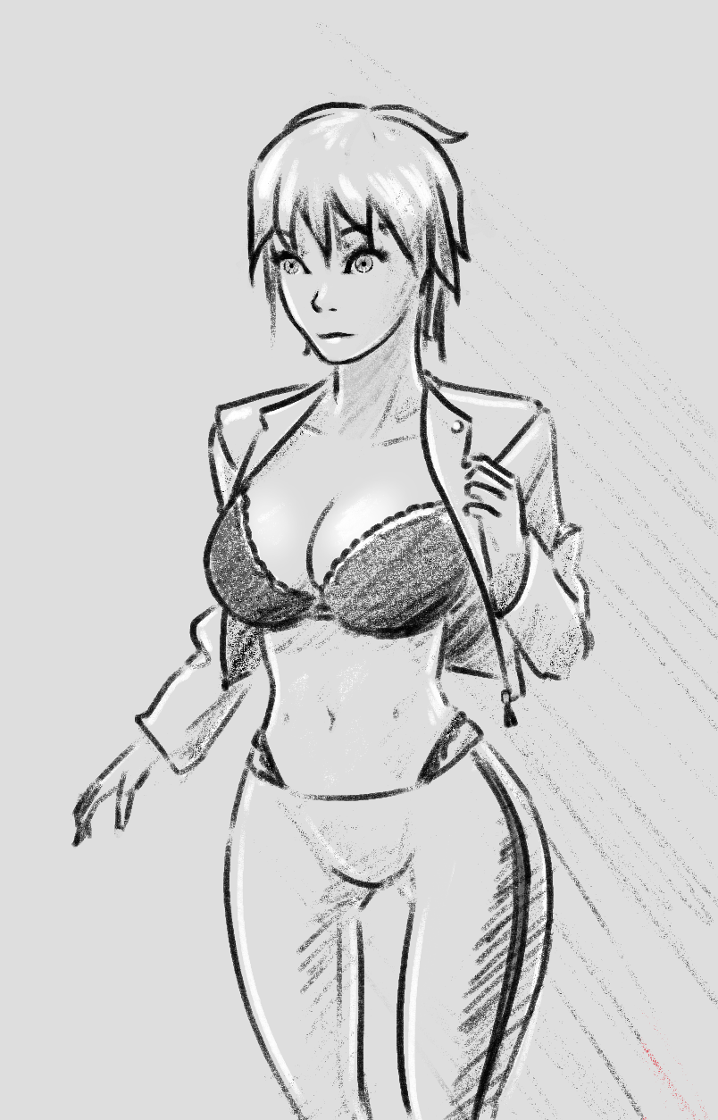 A pencil sketch of a female anime character with short hair, wearing a jacket and bra, standing with a confident expression against a plain background.
